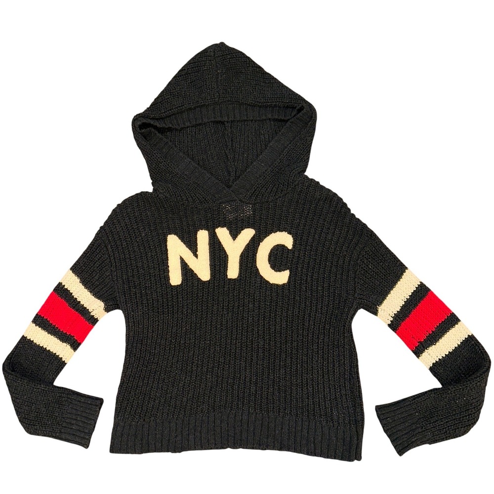 Justice Girls Black NYC Knit Hoodie Sweater Varsity Stripe Sleeves Size 12